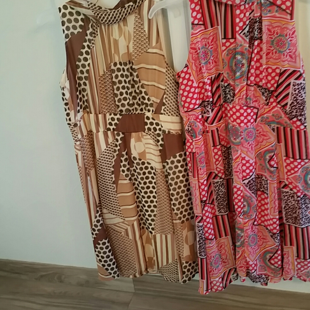 2 graphic print dresses,  beautiful scarf detail